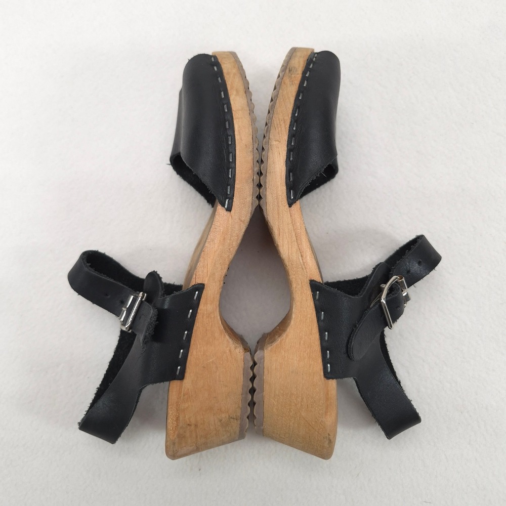 Swedish Hasbeens Clog Sandals Black 38 Retro Boho Wood Platform Peep Toe Heels - Picture 8 of 11
